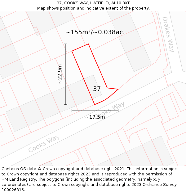 37, COOKS WAY, HATFIELD, AL10 8XT: Plot and title map
