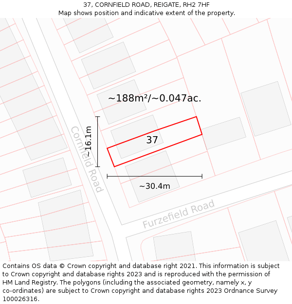 37, CORNFIELD ROAD, REIGATE, RH2 7HF: Plot and title map