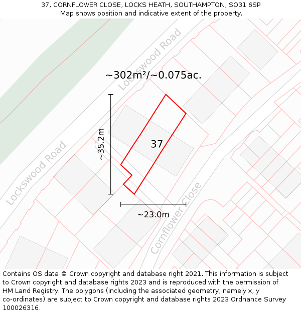37, CORNFLOWER CLOSE, LOCKS HEATH, SOUTHAMPTON, SO31 6SP: Plot and title map
