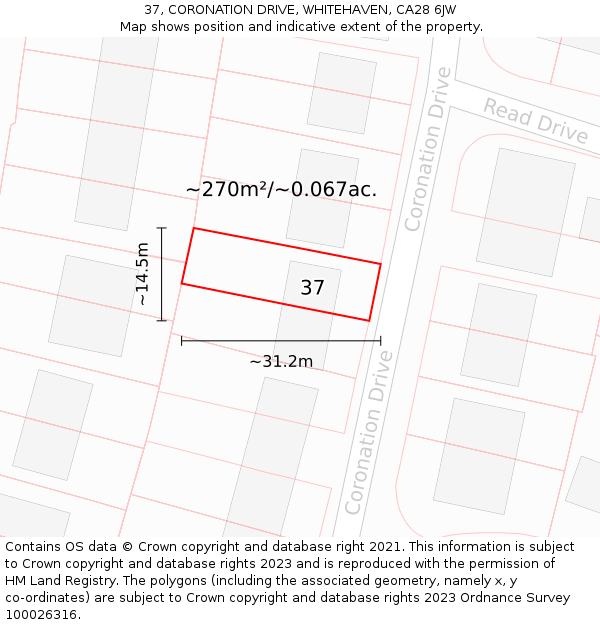 37, CORONATION DRIVE, WHITEHAVEN, CA28 6JW: Plot and title map