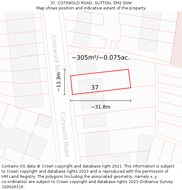 37, COTSWOLD ROAD, SUTTON, SM2 5NW: Plot and title map