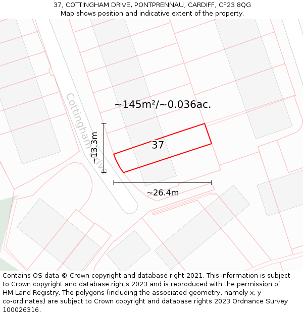 37, COTTINGHAM DRIVE, PONTPRENNAU, CARDIFF, CF23 8QG: Plot and title map