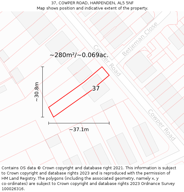 37, COWPER ROAD, HARPENDEN, AL5 5NF: Plot and title map