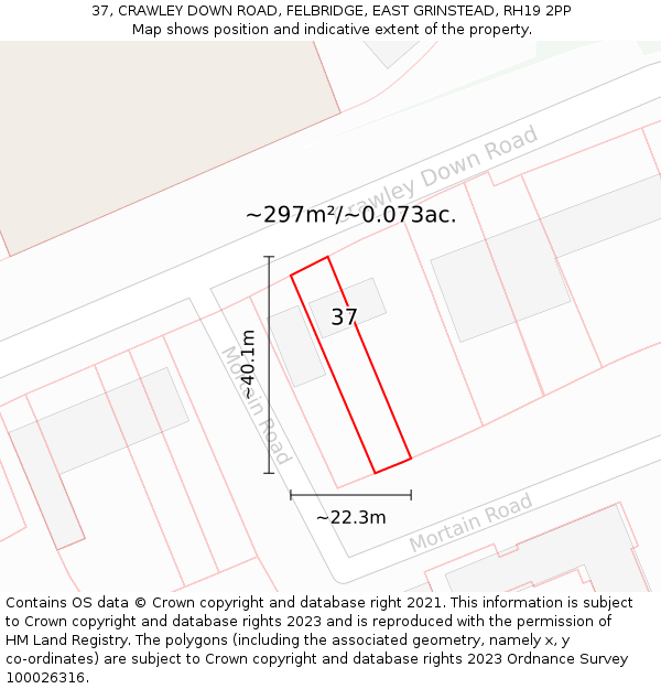 37, CRAWLEY DOWN ROAD, FELBRIDGE, EAST GRINSTEAD, RH19 2PP: Plot and title map