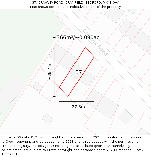 37, CRAWLEY ROAD, CRANFIELD, BEDFORD, MK43 0AA: Plot and title map