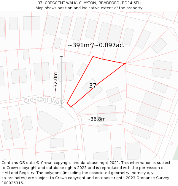 37, CRESCENT WALK, CLAYTON, BRADFORD, BD14 6EH: Plot and title map