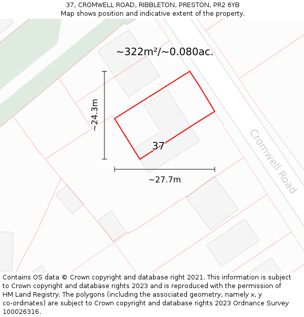 37, CROMWELL ROAD, RIBBLETON, PRESTON, PR2 6YB: Plot and title map