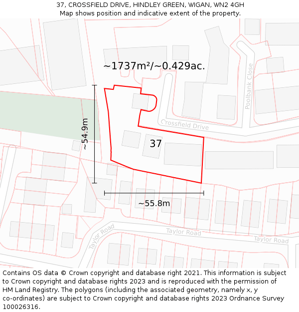 37, CROSSFIELD DRIVE, HINDLEY GREEN, WIGAN, WN2 4GH: Plot and title map