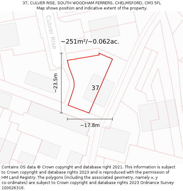 37, CULVER RISE, SOUTH WOODHAM FERRERS, CHELMSFORD, CM3 5FL: Plot and title map