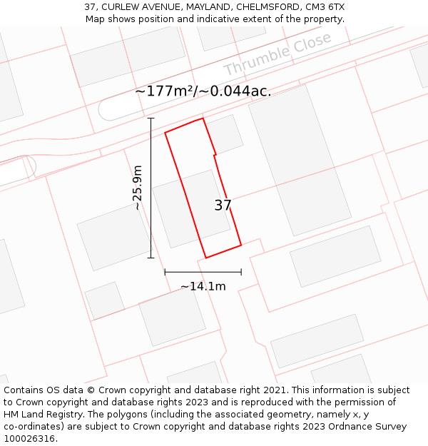 37, CURLEW AVENUE, MAYLAND, CHELMSFORD, CM3 6TX: Plot and title map