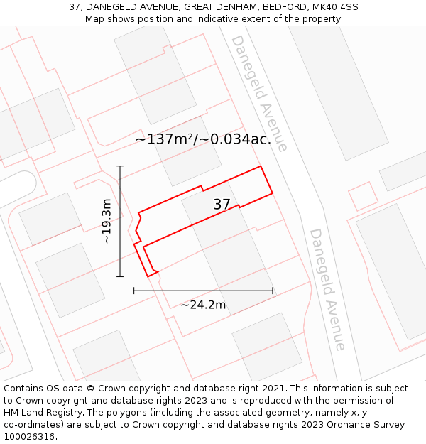 37, DANEGELD AVENUE, GREAT DENHAM, BEDFORD, MK40 4SS: Plot and title map