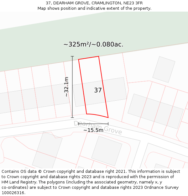 37, DEARHAM GROVE, CRAMLINGTON, NE23 3FR: Plot and title map