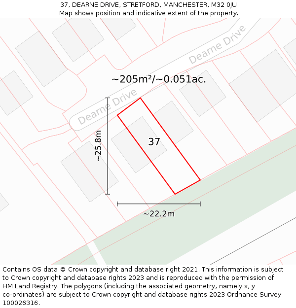 37, DEARNE DRIVE, STRETFORD, MANCHESTER, M32 0JU: Plot and title map