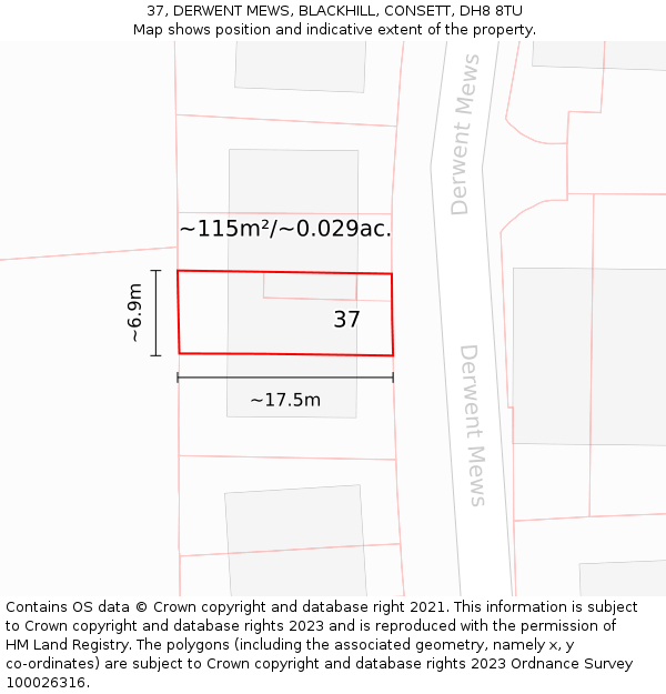 37, DERWENT MEWS, BLACKHILL, CONSETT, DH8 8TU: Plot and title map