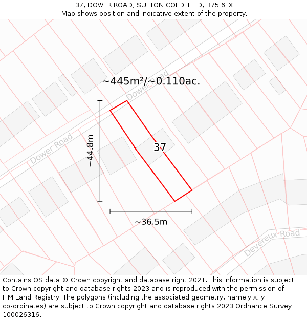 37, DOWER ROAD, SUTTON COLDFIELD, B75 6TX: Plot and title map