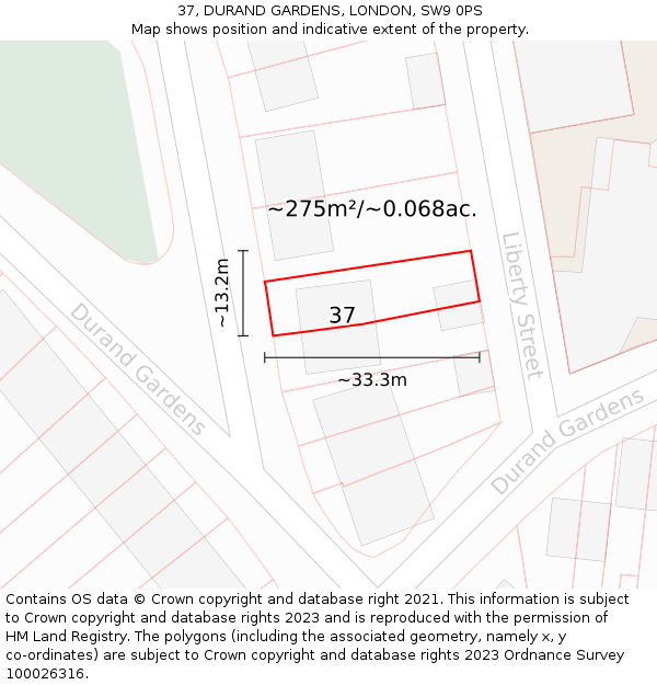 37, DURAND GARDENS, LONDON, SW9 0PS: Plot and title map