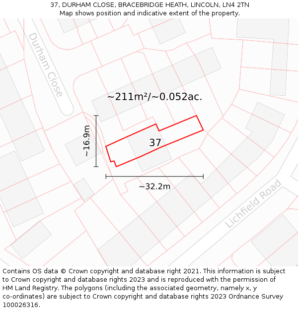 37, DURHAM CLOSE, BRACEBRIDGE HEATH, LINCOLN, LN4 2TN: Plot and title map