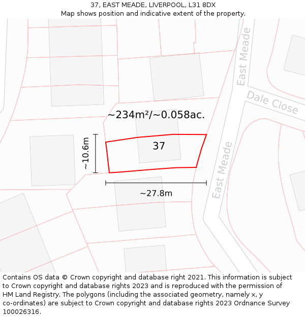 37, EAST MEADE, LIVERPOOL, L31 8DX: Plot and title map