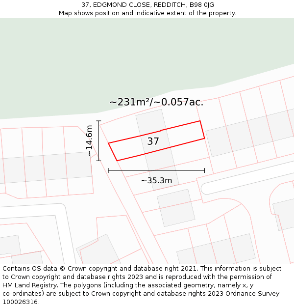 37, EDGMOND CLOSE, REDDITCH, B98 0JG: Plot and title map