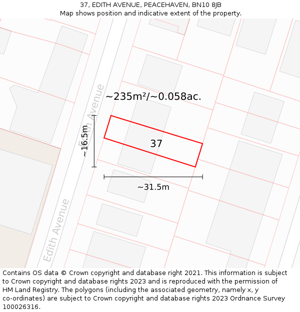 37, EDITH AVENUE, PEACEHAVEN, BN10 8JB: Plot and title map