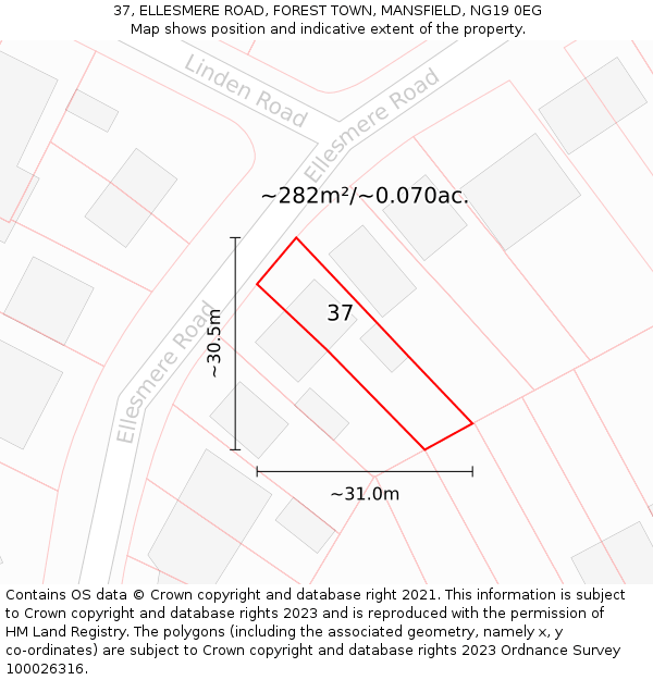37, ELLESMERE ROAD, FOREST TOWN, MANSFIELD, NG19 0EG: Plot and title map