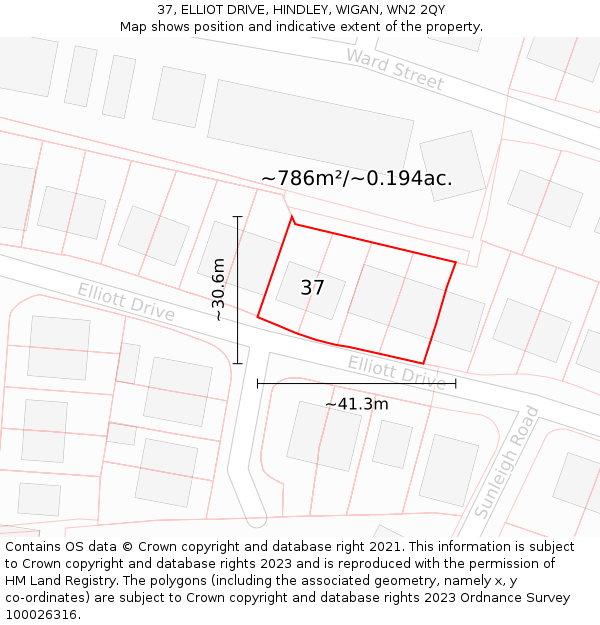 37, ELLIOT DRIVE, HINDLEY, WIGAN, WN2 2QY: Plot and title map