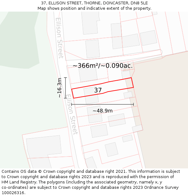 37, ELLISON STREET, THORNE, DONCASTER, DN8 5LE: Plot and title map