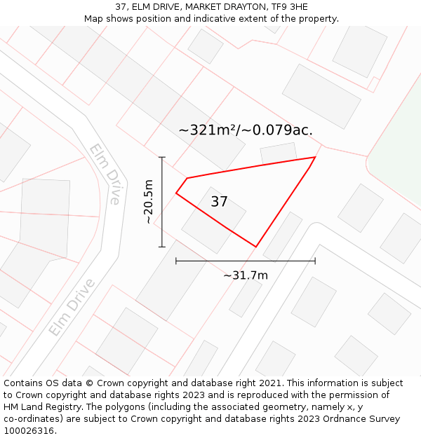 37, ELM DRIVE, MARKET DRAYTON, TF9 3HE: Plot and title map