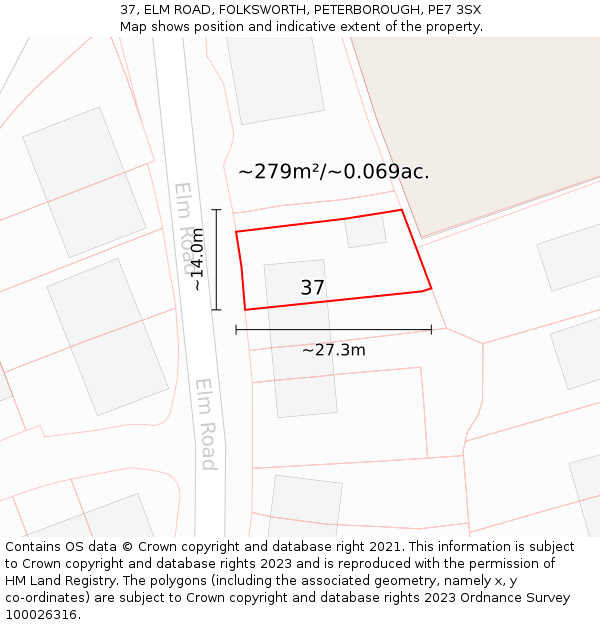 37, ELM ROAD, FOLKSWORTH, PETERBOROUGH, PE7 3SX: Plot and title map