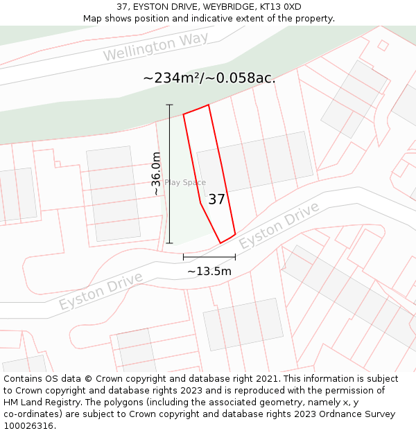 37, EYSTON DRIVE, WEYBRIDGE, KT13 0XD: Plot and title map