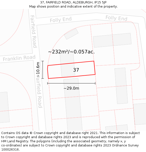 37, FAIRFIELD ROAD, ALDEBURGH, IP15 5JP: Plot and title map