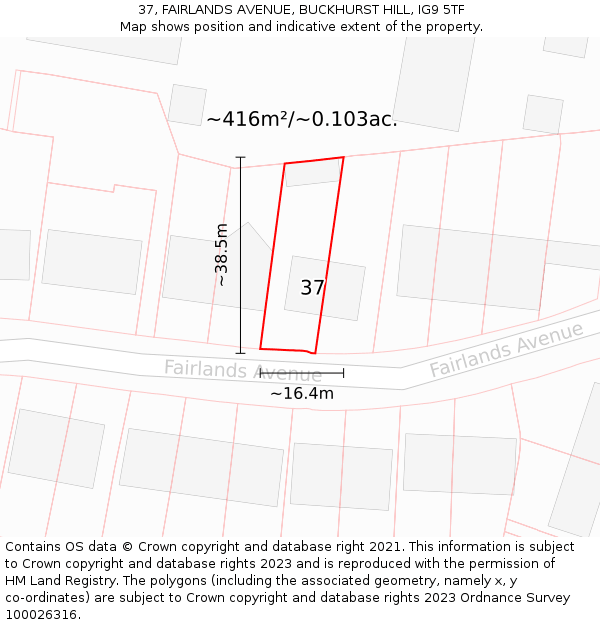 37, FAIRLANDS AVENUE, BUCKHURST HILL, IG9 5TF: Plot and title map