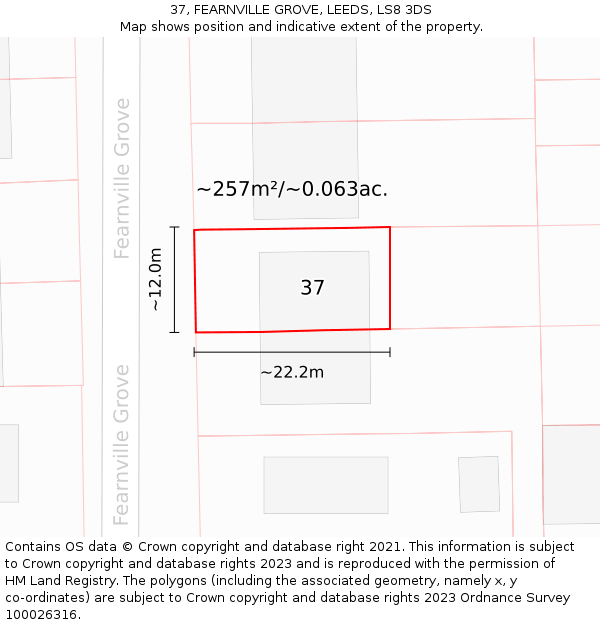 37, FEARNVILLE GROVE, LEEDS, LS8 3DS: Plot and title map