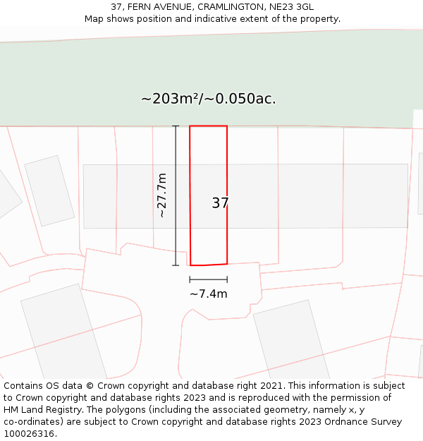 37, FERN AVENUE, CRAMLINGTON, NE23 3GL: Plot and title map