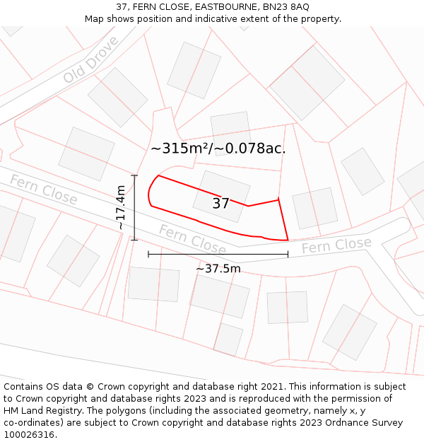 37, FERN CLOSE, EASTBOURNE, BN23 8AQ: Plot and title map