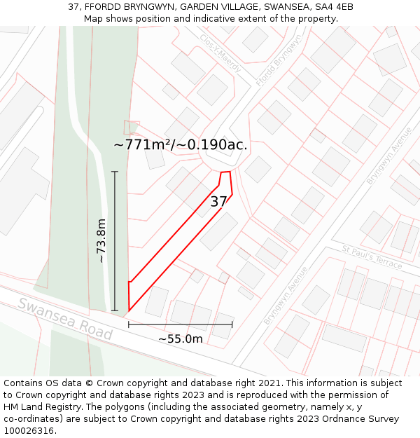 37, FFORDD BRYNGWYN, GARDEN VILLAGE, SWANSEA, SA4 4EB: Plot and title map