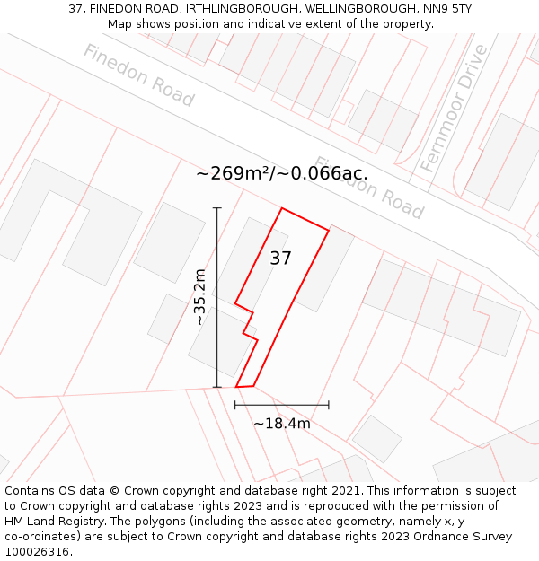 37, FINEDON ROAD, IRTHLINGBOROUGH, WELLINGBOROUGH, NN9 5TY: Plot and title map