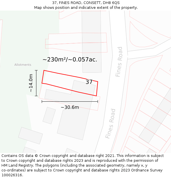 37, FINES ROAD, CONSETT, DH8 6QS: Plot and title map