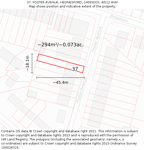 37, FOSTER AVENUE, HEDNESFORD, CANNOCK, WS12 4HN: Plot and title map