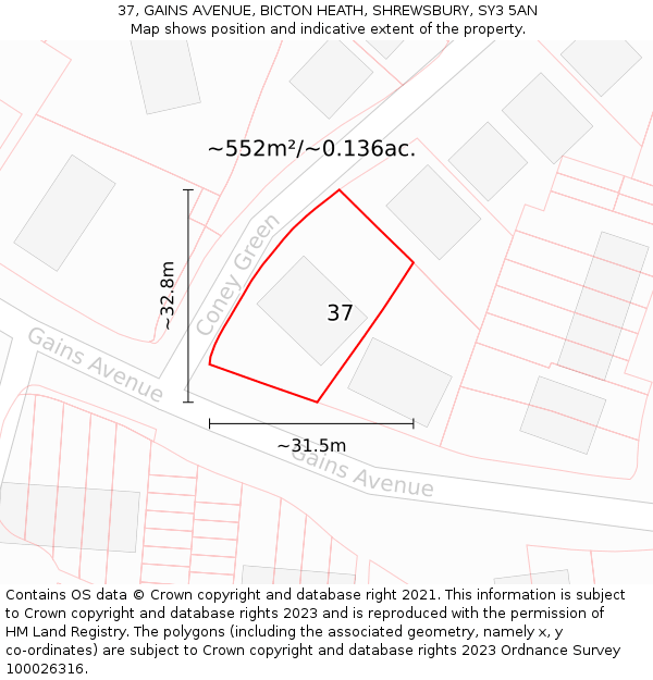 37, GAINS AVENUE, BICTON HEATH, SHREWSBURY, SY3 5AN: Plot and title map