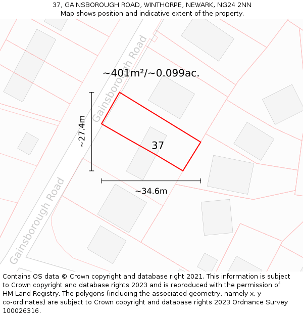 37, GAINSBOROUGH ROAD, WINTHORPE, NEWARK, NG24 2NN: Plot and title map