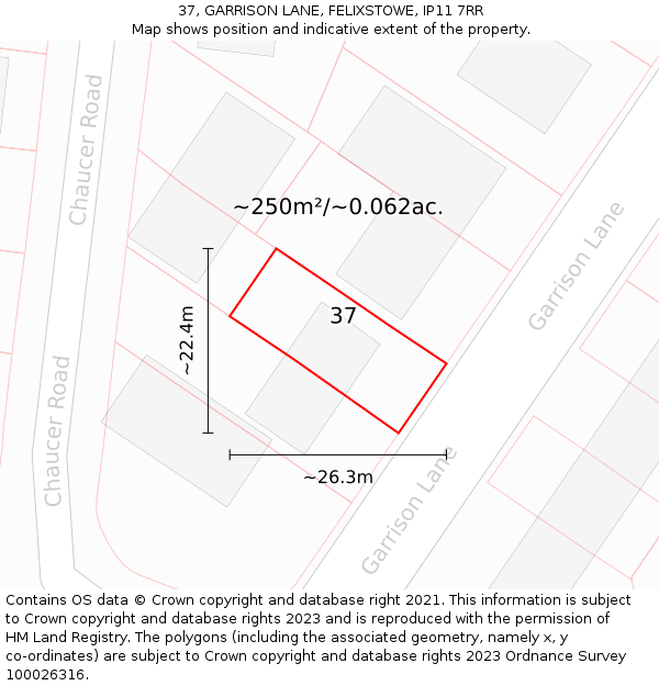 37, GARRISON LANE, FELIXSTOWE, IP11 7RR: Plot and title map