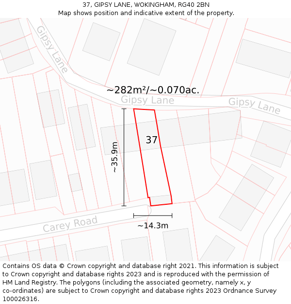 37, GIPSY LANE, WOKINGHAM, RG40 2BN: Plot and title map