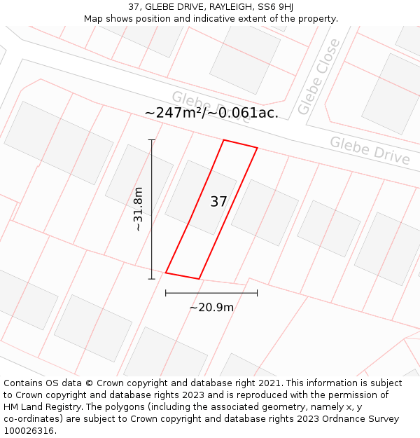 37, GLEBE DRIVE, RAYLEIGH, SS6 9HJ: Plot and title map