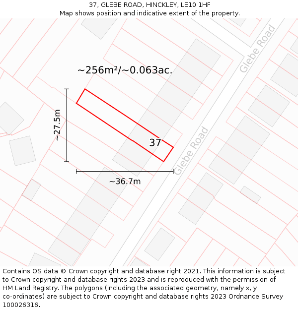 37, GLEBE ROAD, HINCKLEY, LE10 1HF: Plot and title map