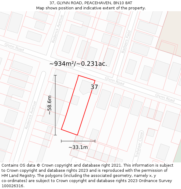 37, GLYNN ROAD, PEACEHAVEN, BN10 8AT: Plot and title map