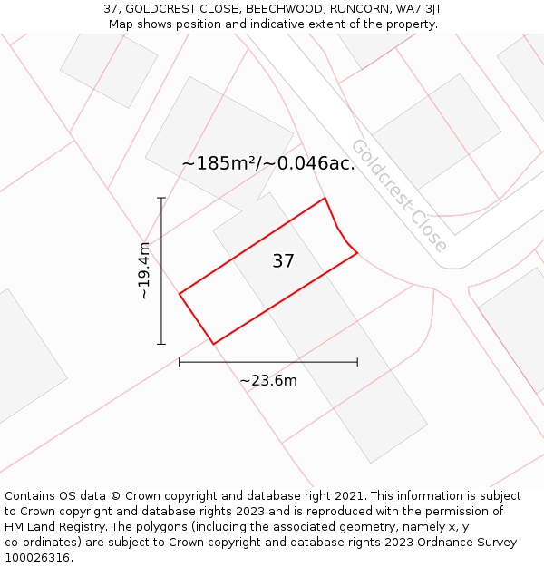 37, GOLDCREST CLOSE, BEECHWOOD, RUNCORN, WA7 3JT: Plot and title map