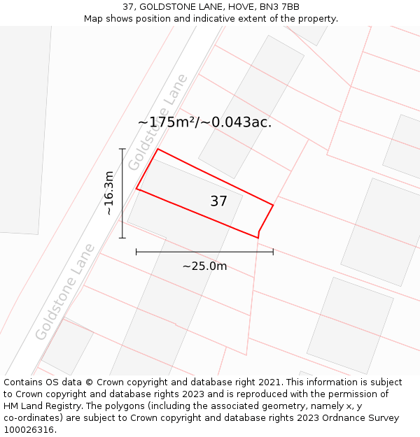 37, GOLDSTONE LANE, HOVE, BN3 7BB: Plot and title map