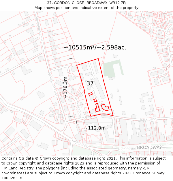 37, GORDON CLOSE, BROADWAY, WR12 7BJ: Plot and title map