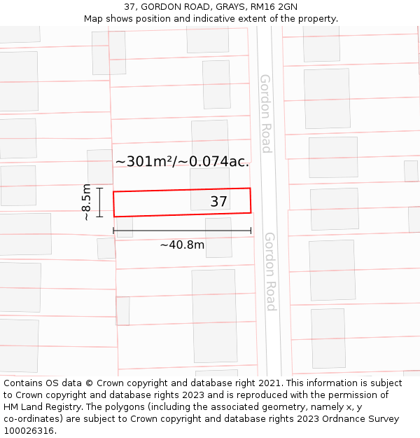 37, GORDON ROAD, GRAYS, RM16 2GN: Plot and title map